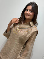 Designer Salsa Silk Shirt, Pant & Hand-Embroidered Shrug Set