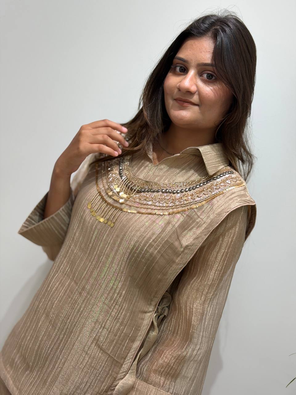 Designer Salsa Silk Shirt, Pant & Hand-Embroidered Shrug Set