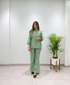 Designer Salsa Silk Shirt, Pant & Hand-Embroidered Shrug Set