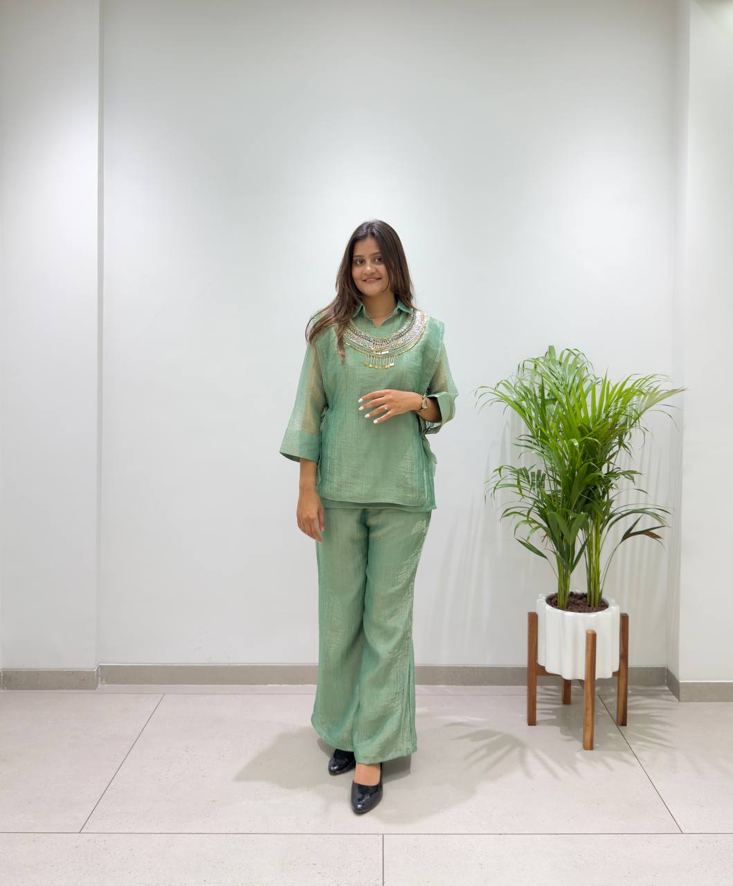 Designer Salsa Silk Shirt, Pant & Hand-Embroidered Shrug Set