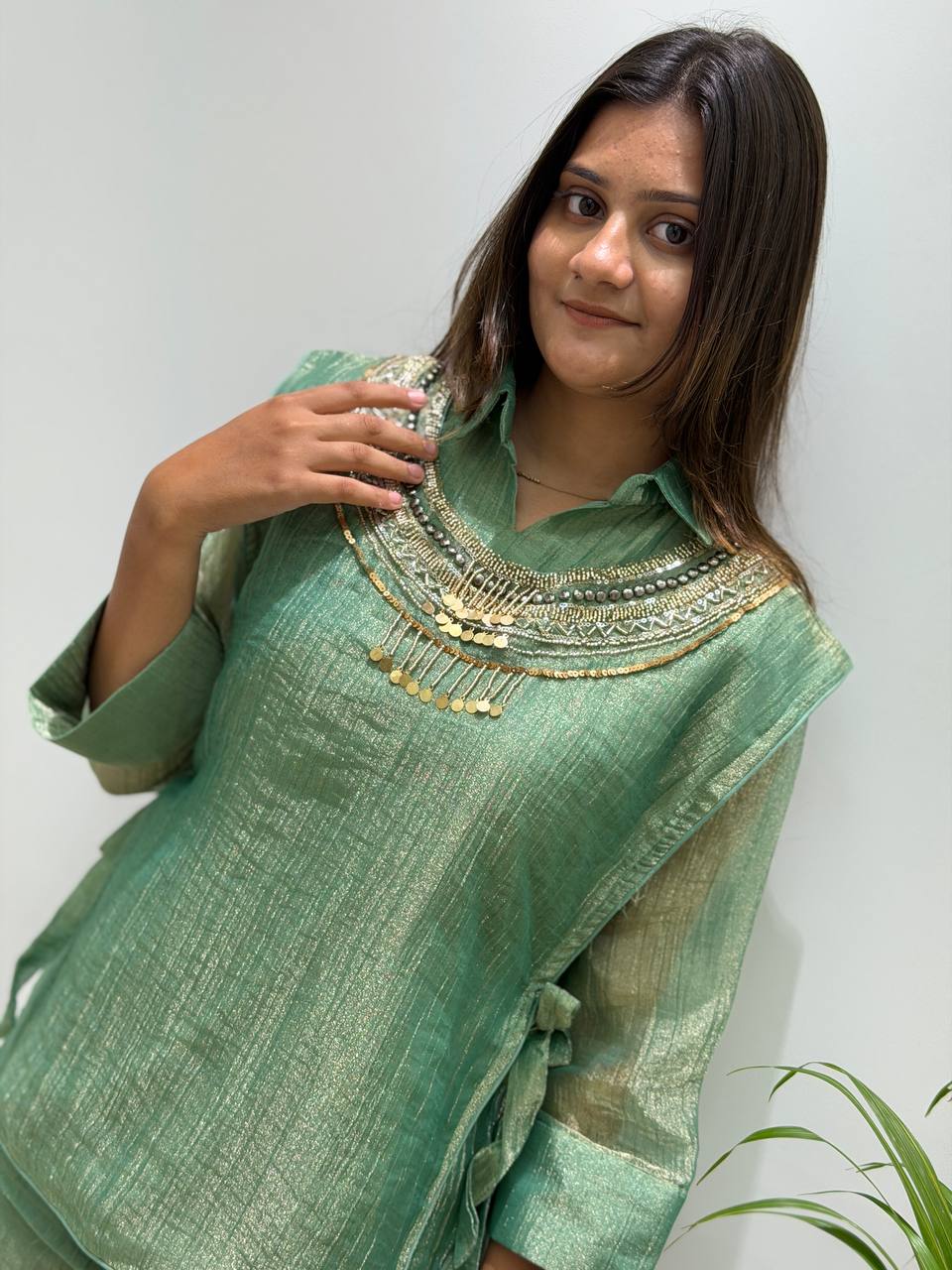 Designer Salsa Silk Shirt, Pant & Hand-Embroidered Shrug Set