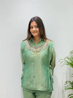 Designer Salsa Silk Shirt, Pant & Hand-Embroidered Shrug Set