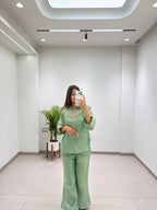 Designer Salsa Silk Shirt, Pant & Hand-Embroidered Shrug Set