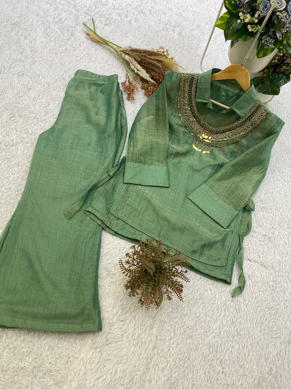 Designer Salsa Silk Shirt, Pant & Hand-Embroidered Shrug Set