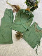 Designer Salsa Silk Shirt, Pant & Hand-Embroidered Shrug Set
