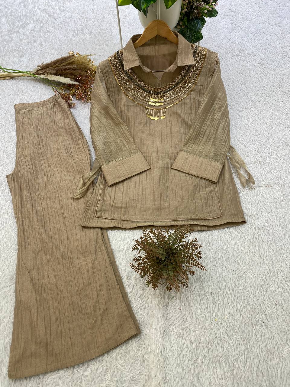 Designer Salsa Silk Shirt, Pant & Hand-Embroidered Shrug Set