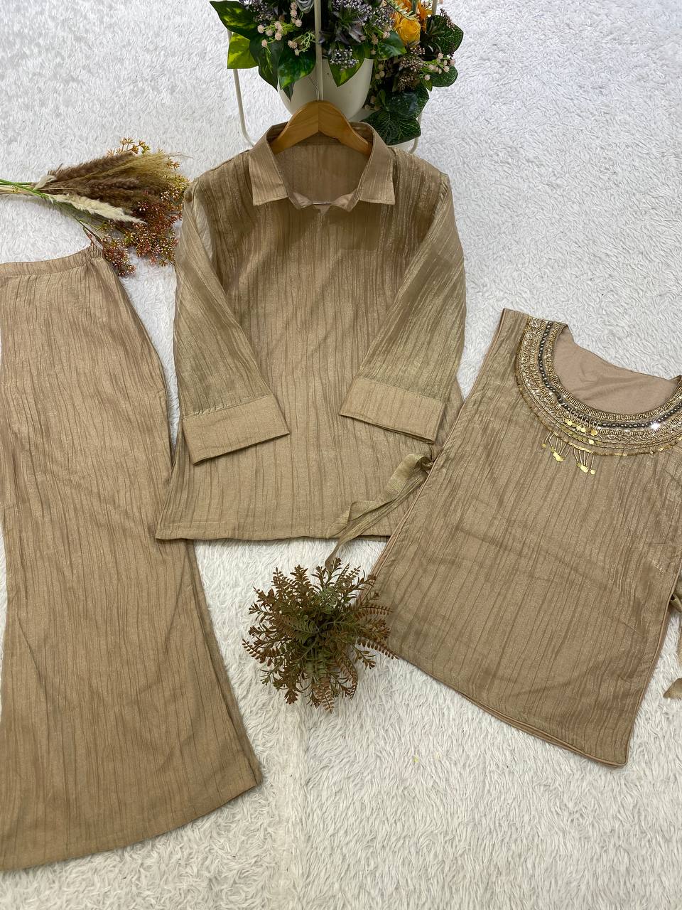Designer Salsa Silk Shirt, Pant & Hand-Embroidered Shrug Set