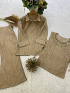 Designer Salsa Silk Shirt, Pant & Hand-Embroidered Shrug Set