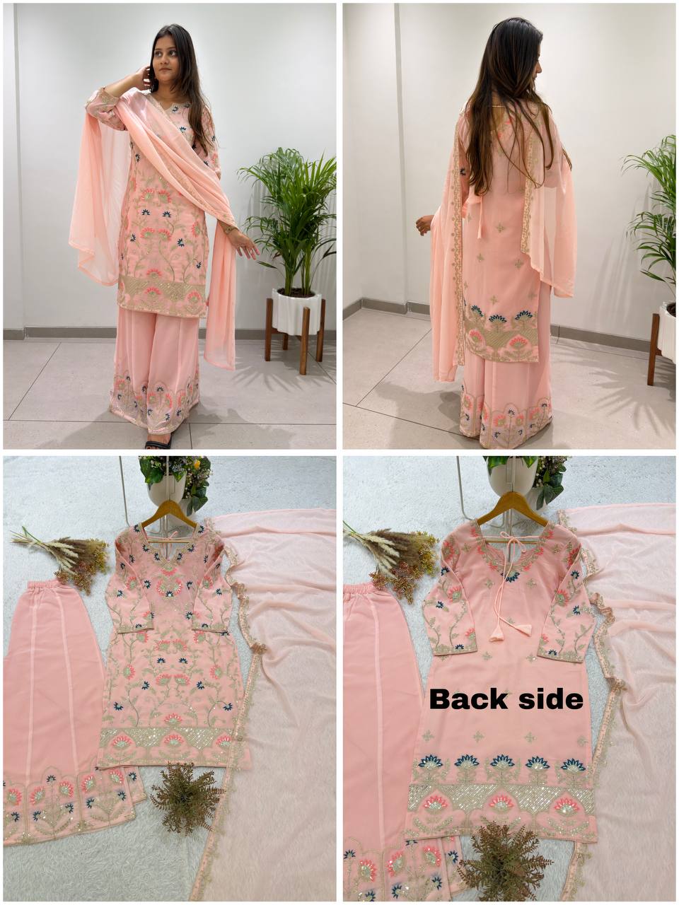 Georgette Cording & Sequence Embroidered Palazzo Suit with Dupatta