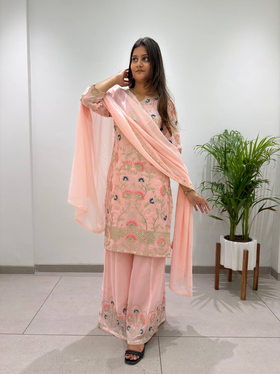 Georgette Cording & Sequence Embroidered Palazzo Suit with Dupatta