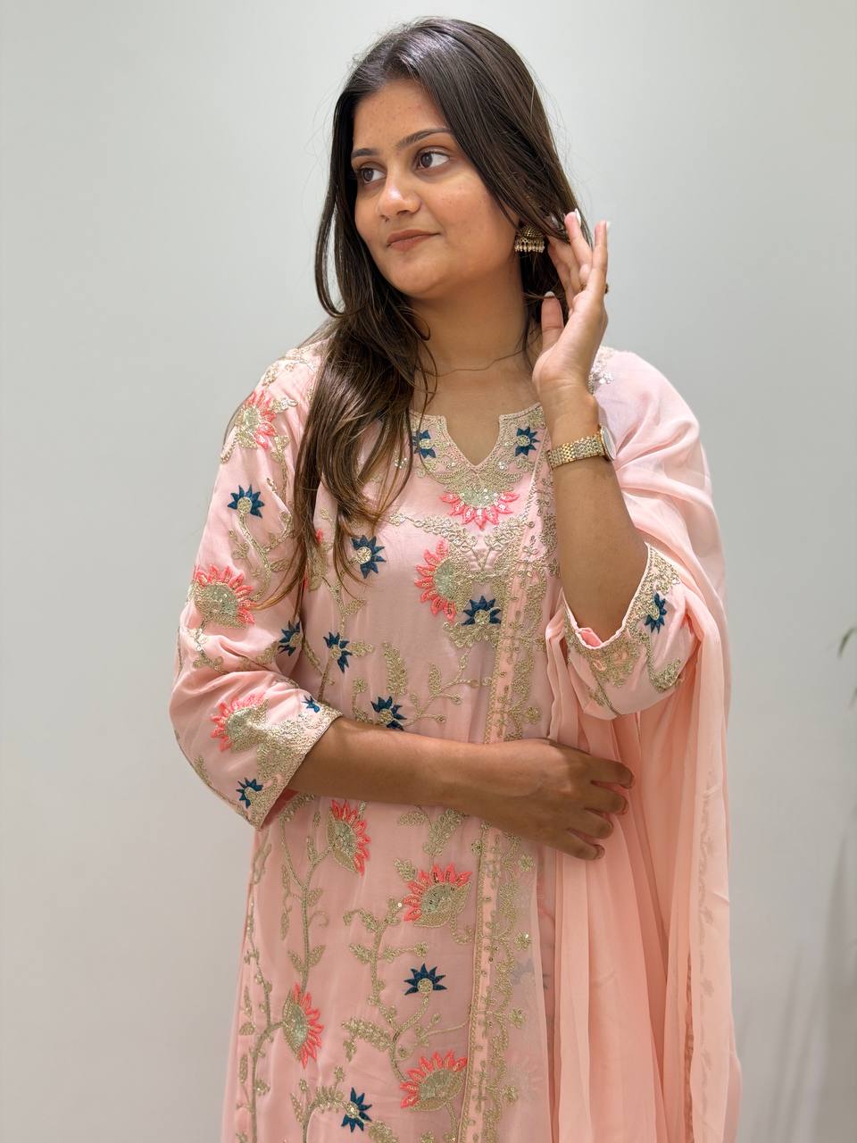 Georgette Cording & Sequence Embroidered Palazzo Suit with Dupatta