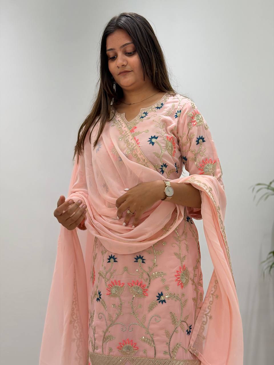 Georgette Cording & Sequence Embroidered Palazzo Suit with Dupatta