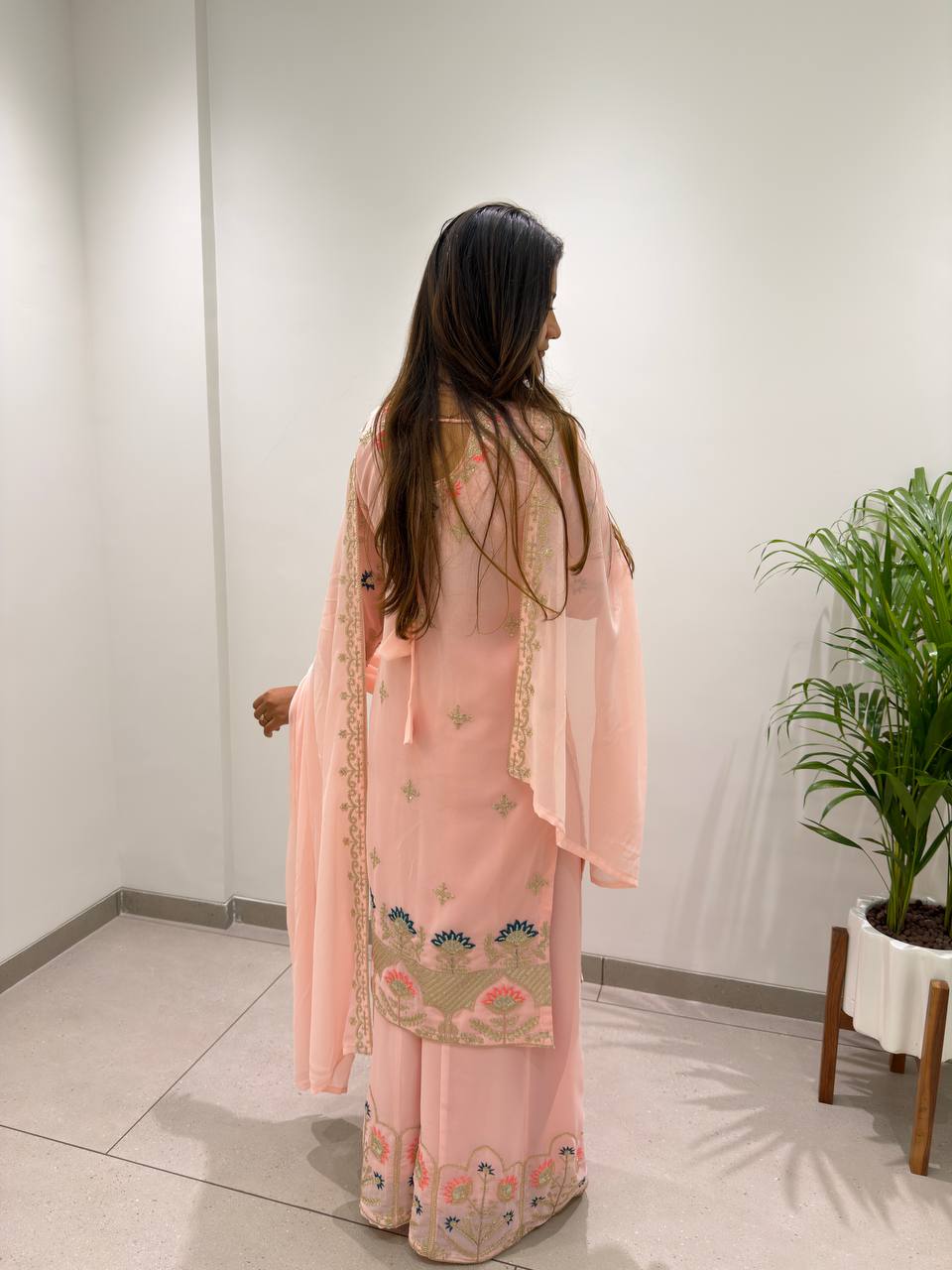 Georgette Cording & Sequence Embroidered Palazzo Suit with Dupatta