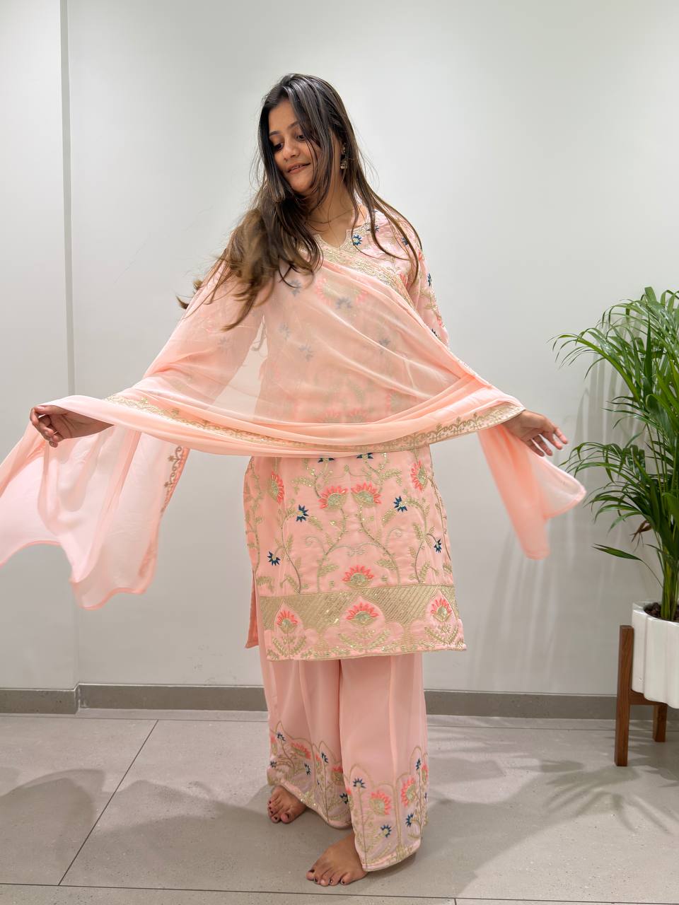 Georgette Cording & Sequence Embroidered Palazzo Suit with Dupatta