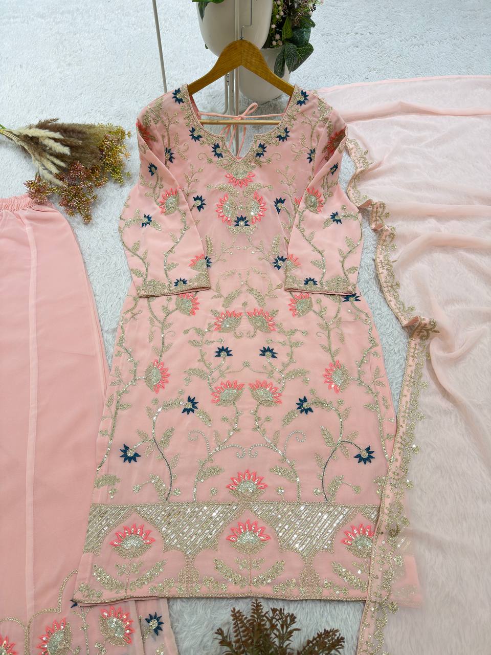 Georgette Cording & Sequence Embroidered Palazzo Suit with Dupatta