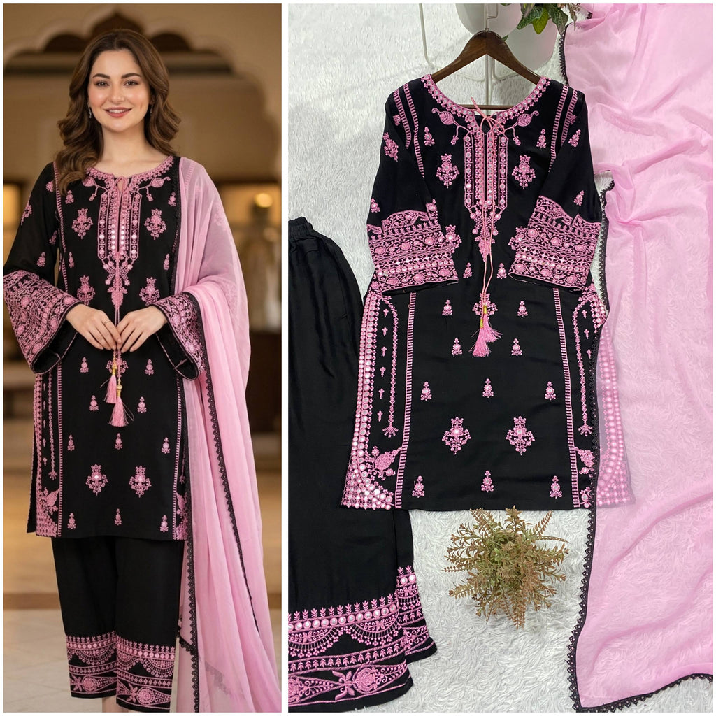 Embroidery Mirror Work Suit Set for Women .Rayon Kurti Plazzo & Fox Georgette Dupatta