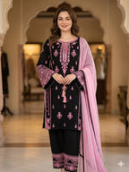 Embroidery Mirror Work Suit Set for Women .Rayon Kurti Plazzo & Fox Georgette Dupatta