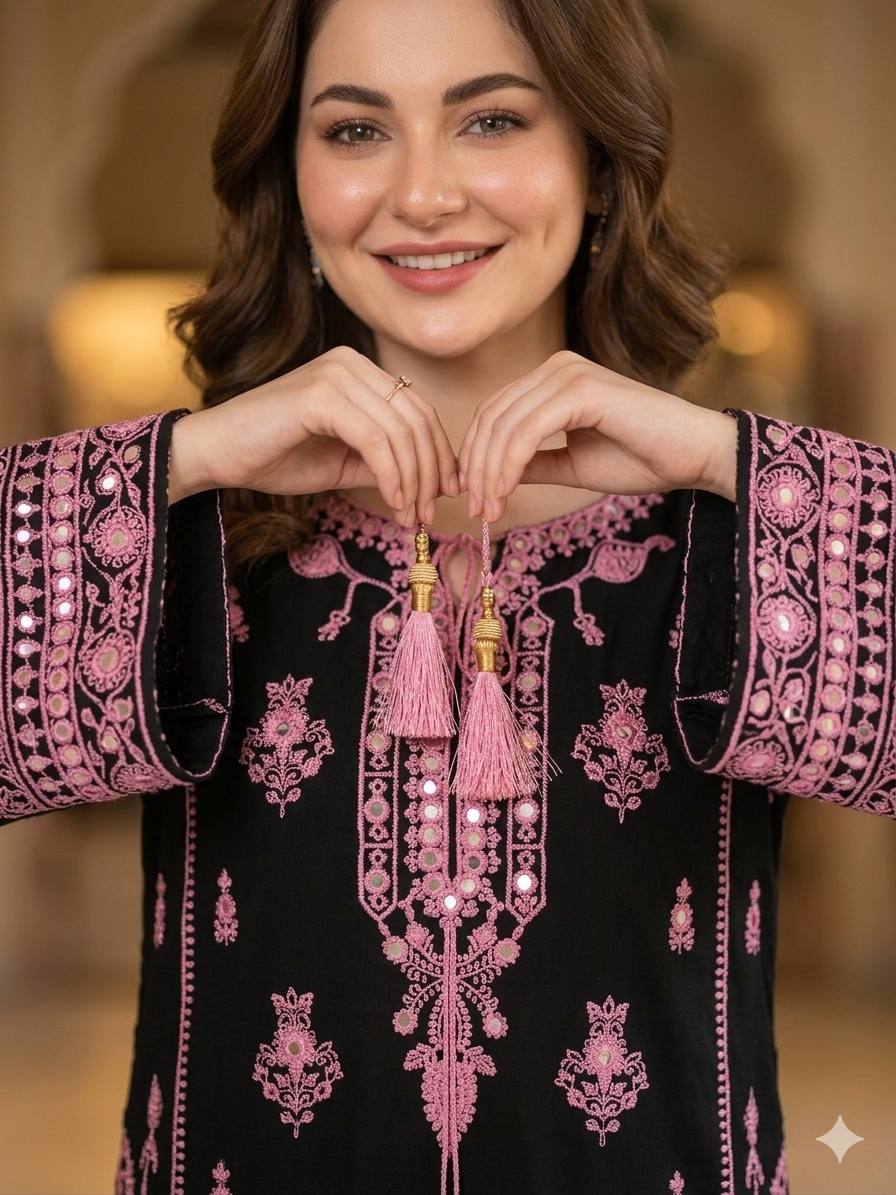 Embroidery Mirror Work Suit Set for Women .Rayon Kurti Plazzo & Fox Georgette Dupatta