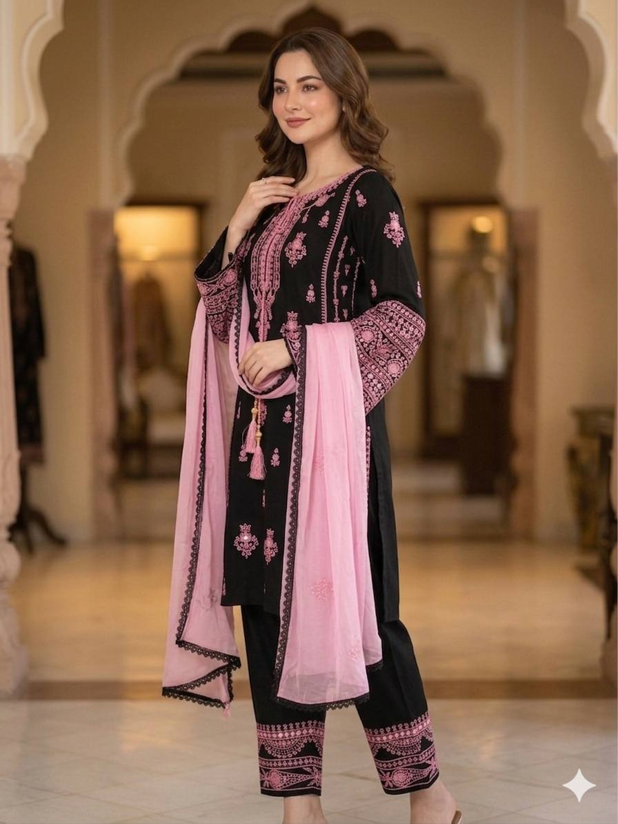 Embroidery Mirror Work Suit Set for Women .Rayon Kurti Plazzo & Fox Georgette Dupatta