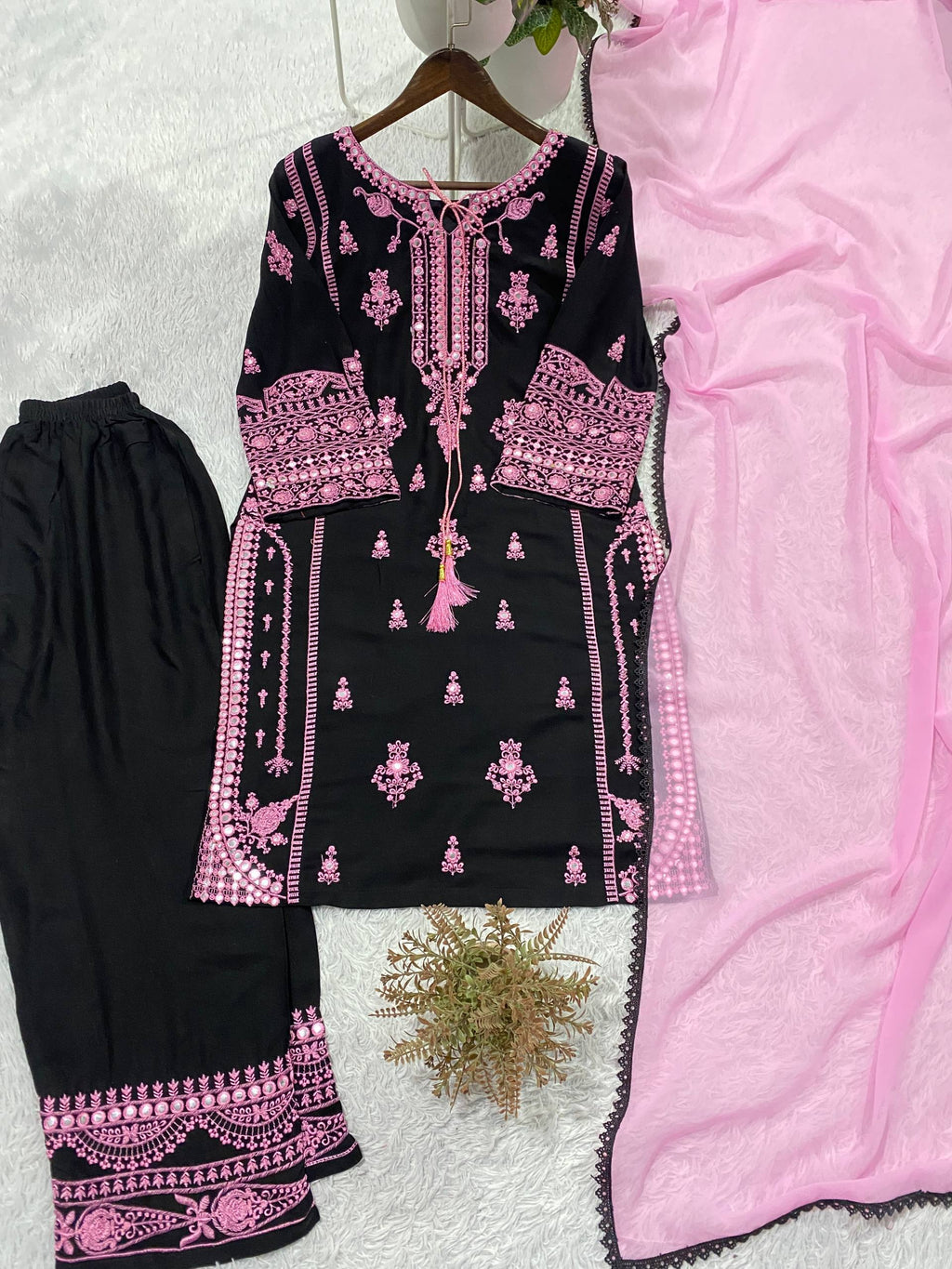 Embroidery Mirror Work Suit Set for Women .Rayon Kurti Plazzo & Fox Georgette Dupatta