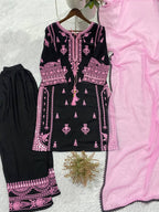 Embroidery Mirror Work Suit Set for Women .Rayon Kurti Plazzo & Fox Georgette Dupatta