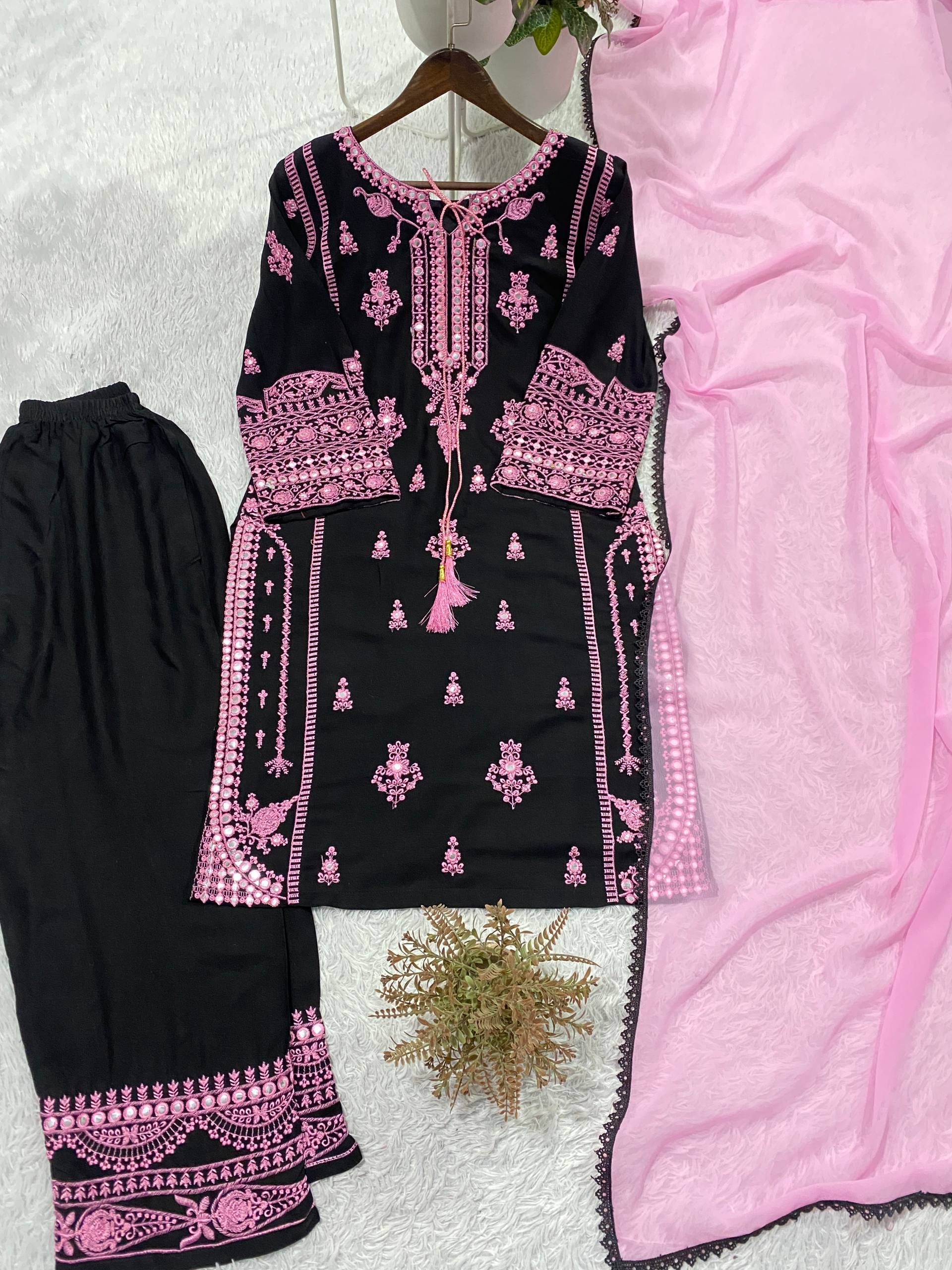 Embroidery Mirror Work Suit Set for Women .Rayon Kurti Plazzo & Fox Georgette Dupatta