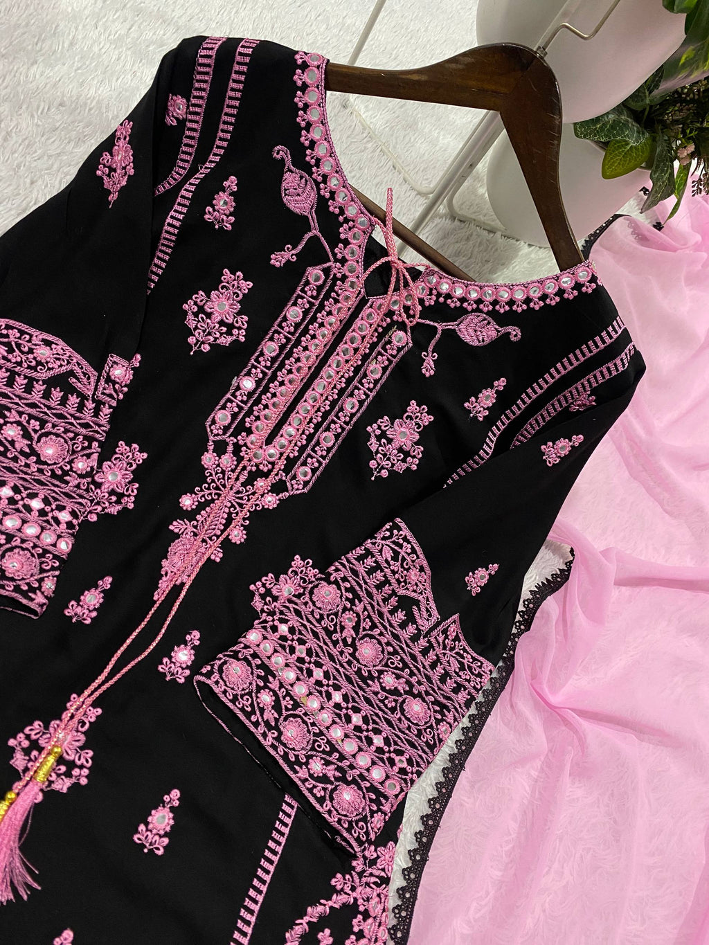 Embroidery Mirror Work Suit Set for Women .Rayon Kurti Plazzo & Fox Georgette Dupatta
