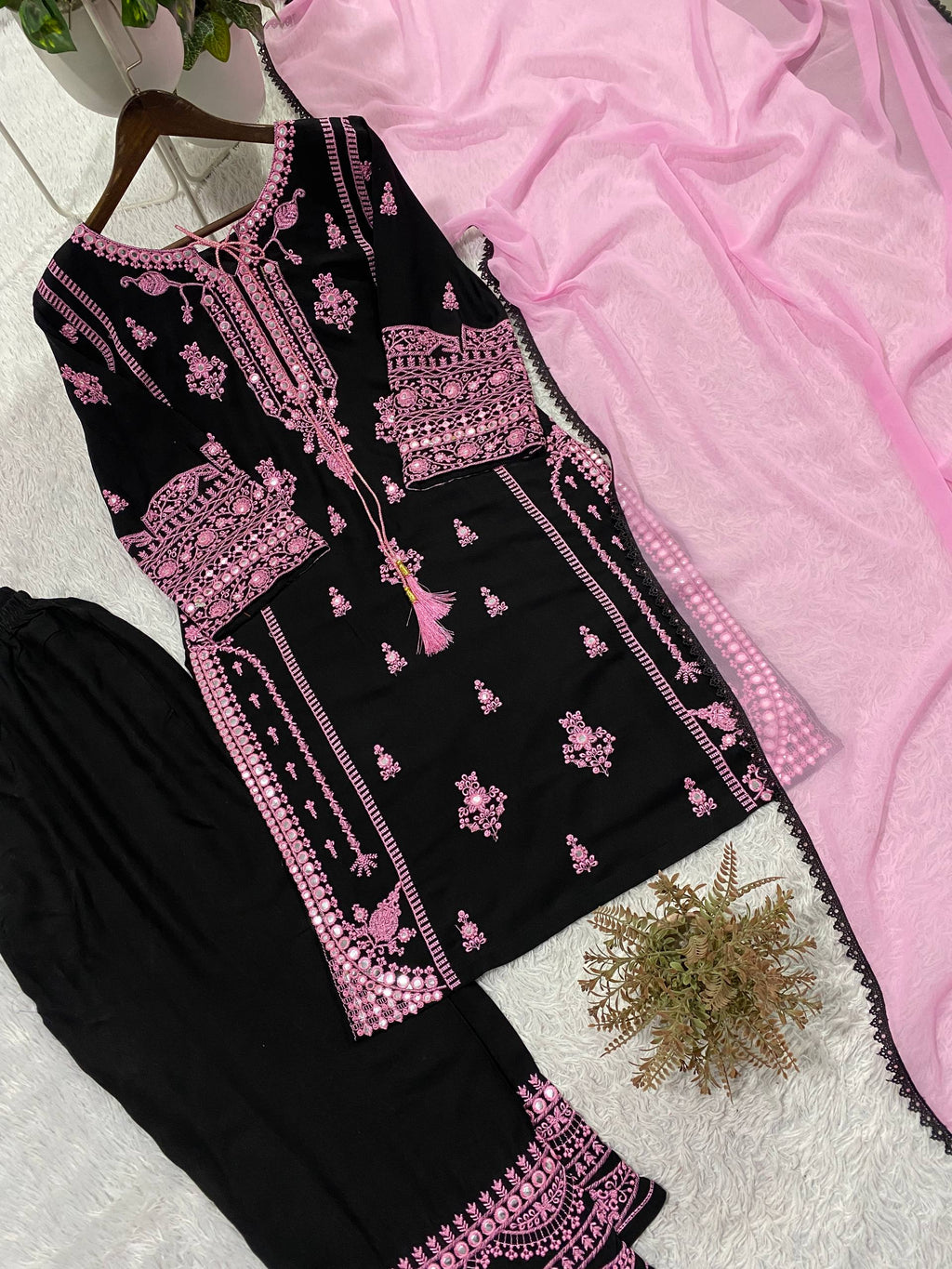 Embroidery Mirror Work Suit Set for Women .Rayon Kurti Plazzo & Fox Georgette Dupatta