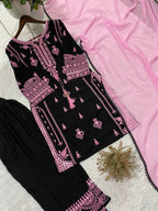 Embroidery Mirror Work Suit Set for Women .Rayon Kurti Plazzo & Fox Georgette Dupatta