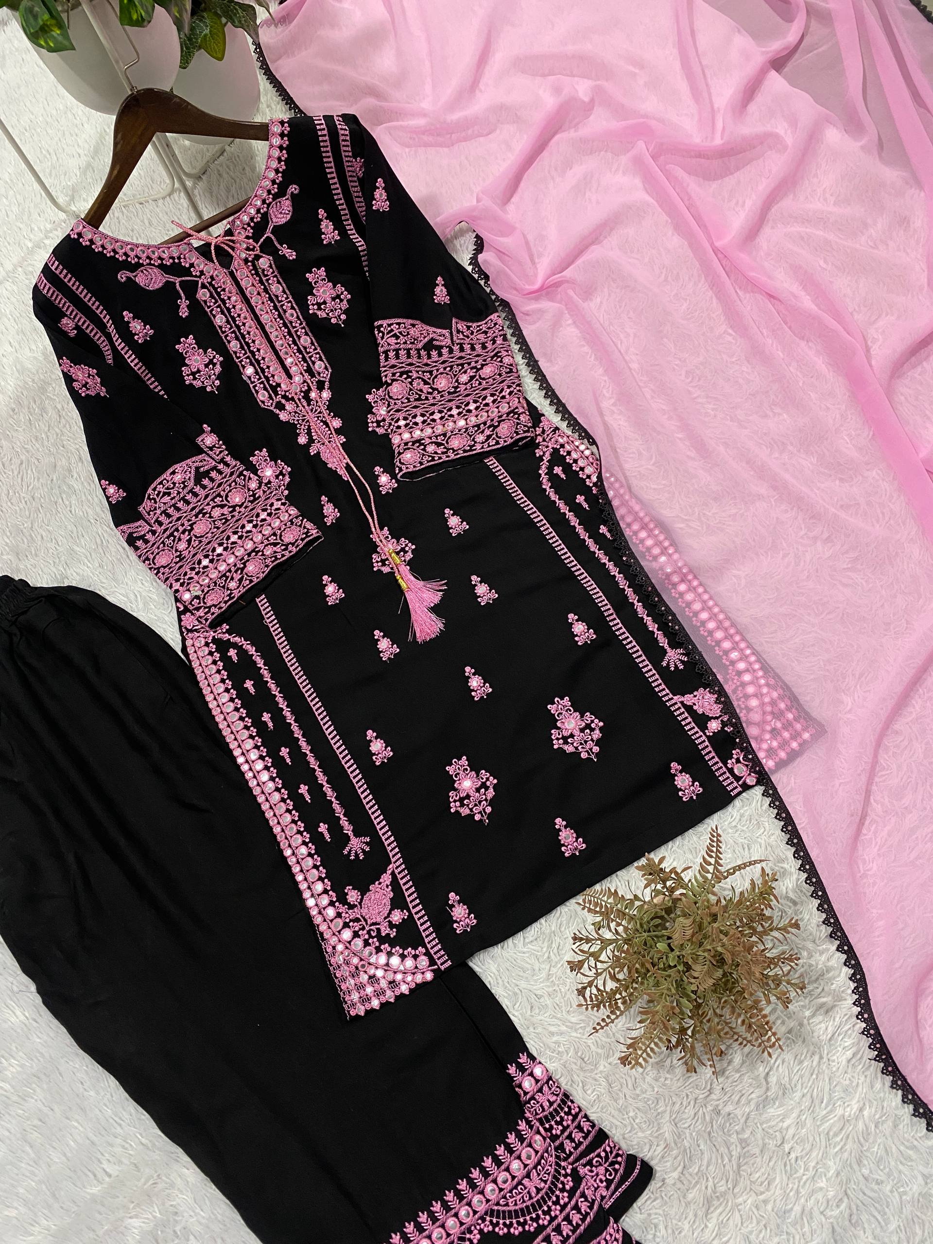 Embroidery Mirror Work Suit Set for Women .Rayon Kurti Plazzo & Fox Georgette Dupatta