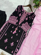Embroidery Mirror Work Suit Set for Women .Rayon Kurti Plazzo & Fox Georgette Dupatta