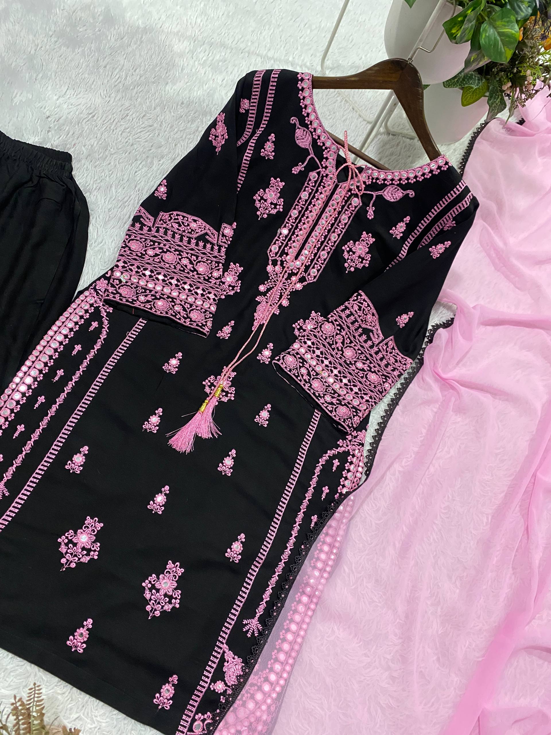 Embroidery Mirror Work Suit Set for Women .Rayon Kurti Plazzo & Fox Georgette Dupatta