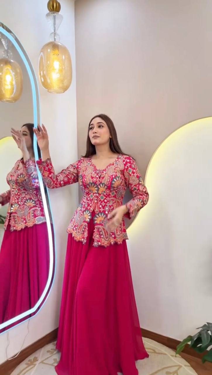 Designer Georgette Sequence Embroidered Top With Palazzo Set | 2 Piece Ethnic Wear Set