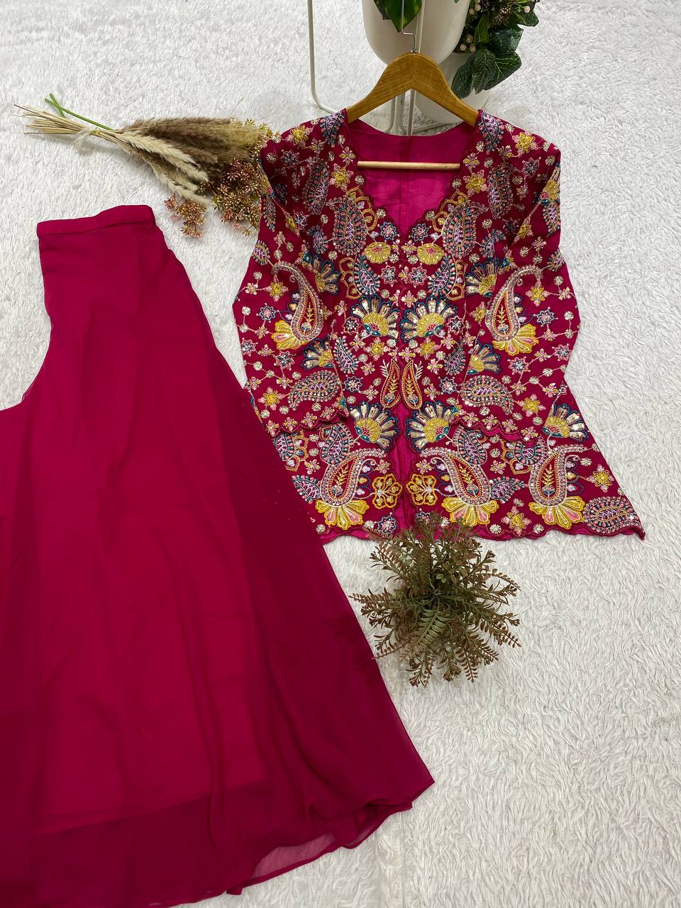 Designer Georgette Sequence Embroidered Top With Palazzo Set | 2 Piece Ethnic Wear Set