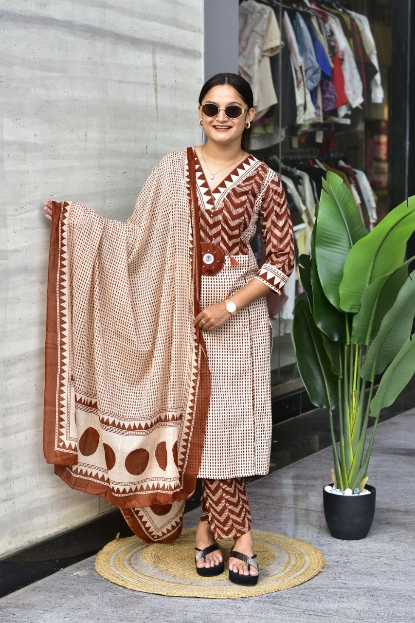 Premium Jaipur Cotton Kurti Set with Pant & Dupatta | Women's Ethnic Wear