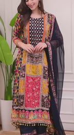 Black Chinon Printed Kurti Set with Pant & Dupatta for Women