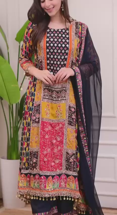 Black Chinon Printed Kurti Set with Pant & Dupatta for Women