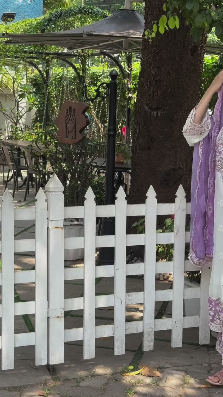 White & Lavender Georgette Embroidered Kurti Set with Pant & Dupatta for Women