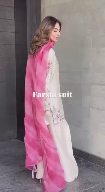 Cream French Crepe Embroidered Farsi Salwar Suit with Pant & Organza Dupatta for Women