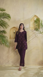 Heavy Rayon Embroidered Co-Ord Set . Hand Work Kurti & Straight Pant Set