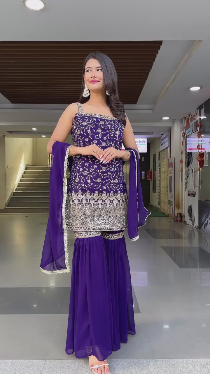 Purple Georgette Embroidered Kurti Set with Sharara & Dupatta for Women