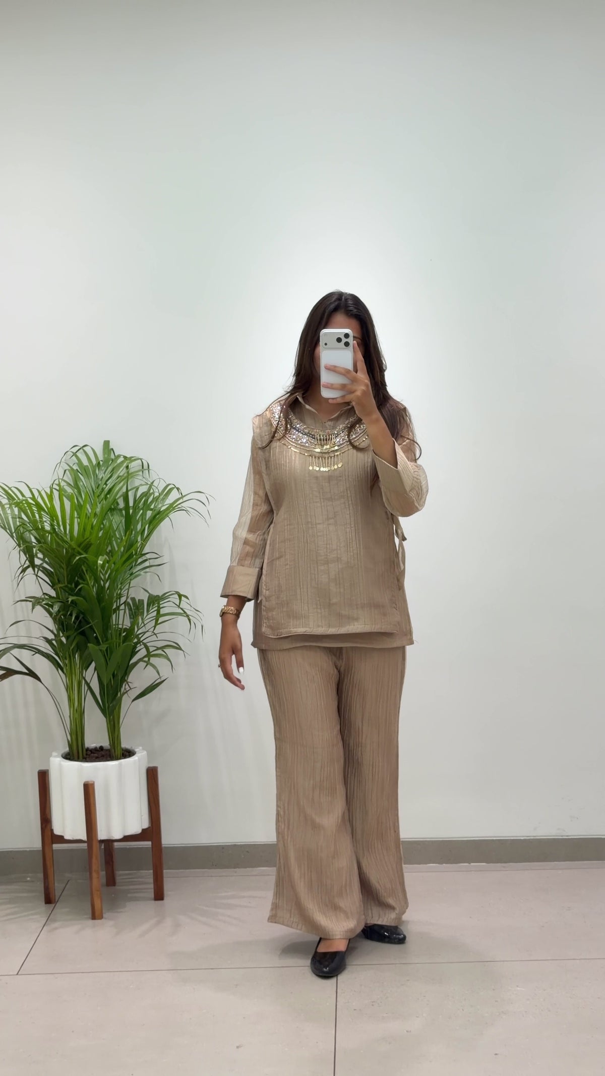 Designer Salsa Silk Shirt, Pant & Hand-Embroidered Shrug Set