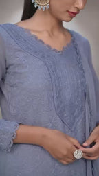 Grey Faux Georgette Embroidered Kurti Set with Dupatta for Women