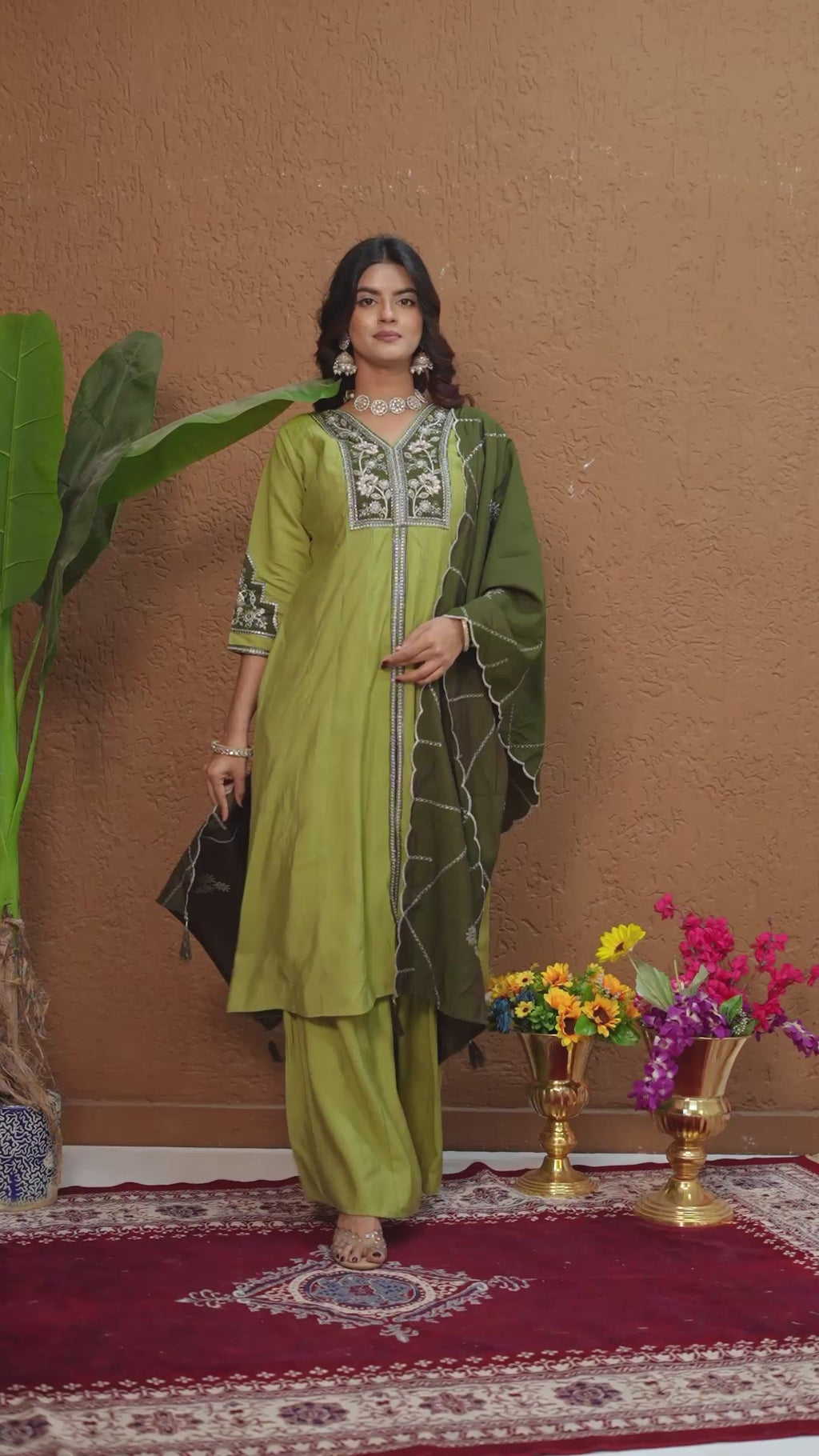 Roman Silk Anarkali Suit Set with Embroidered Dupatta  Hand Work Kurti Palazzo Set
