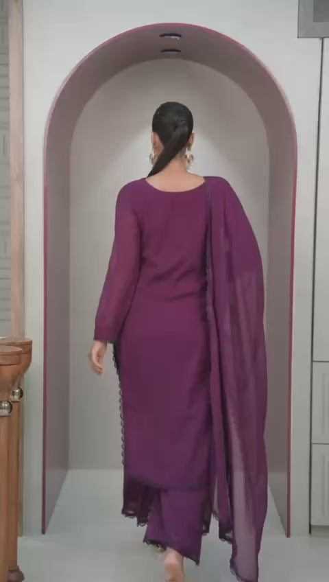 Purple Faux Georgette Thread Embroidered Kurti Set with Pant & Dupatta for Women