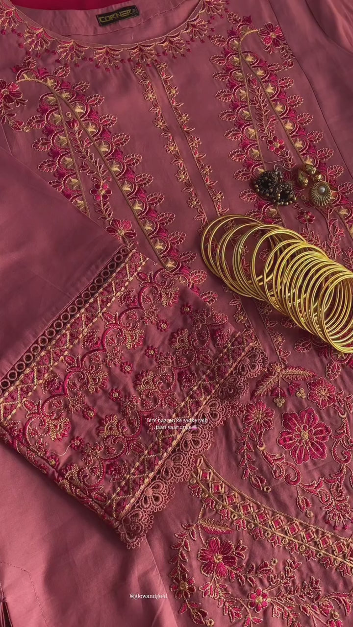 Rust Red Roman Silk Thread Embroidered Kurti Set with Pant & Dupatta for Women