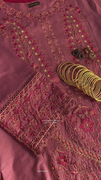 Rust Red Roman Silk Thread Embroidered Kurti Set with Pant & Dupatta for Women