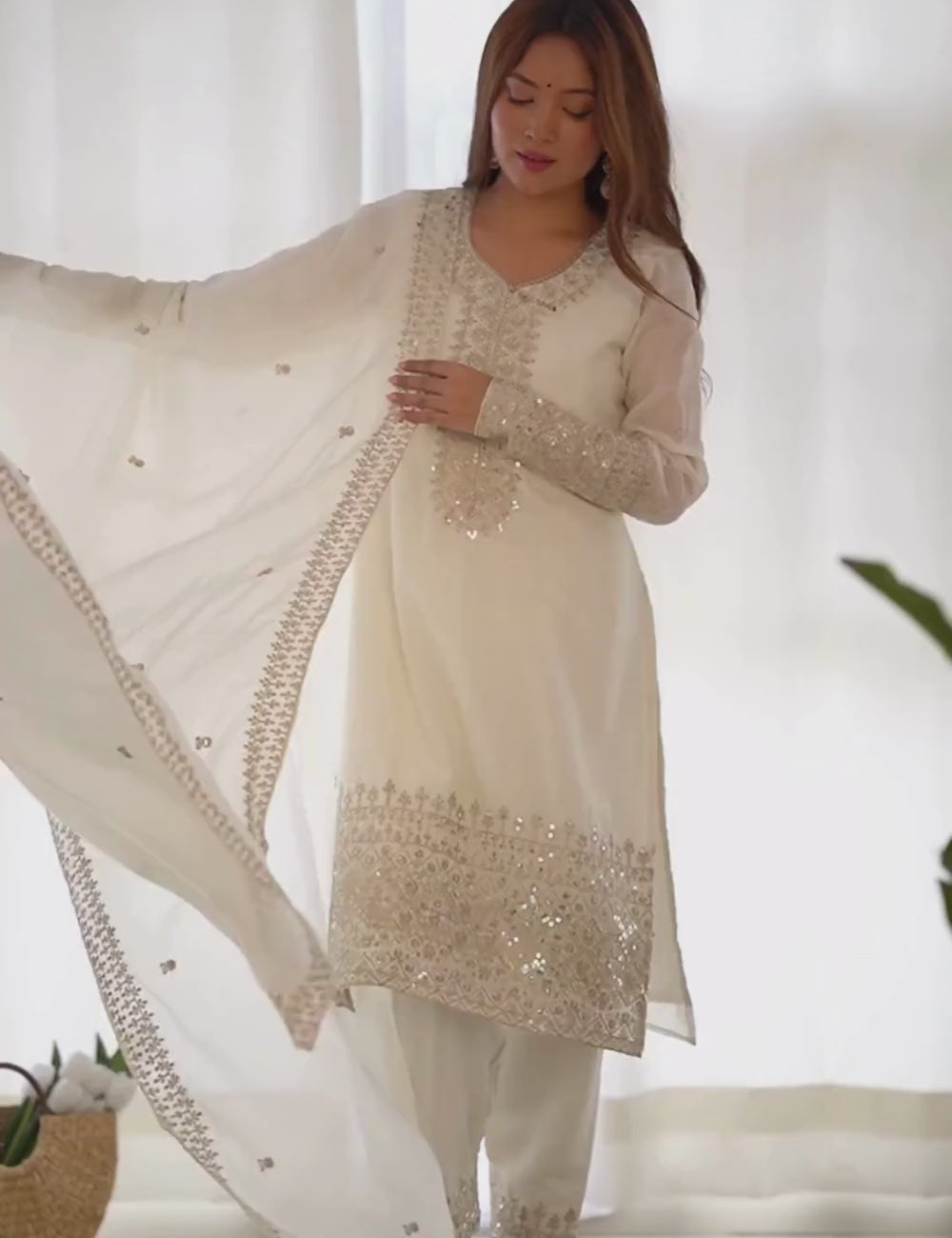Pure Chinon Silk Embroidered Straight Kurta Set with Trousers and Dupatta
