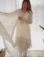Pure Chinon Silk Embroidered Straight Kurta Set with Trousers and Dupatta