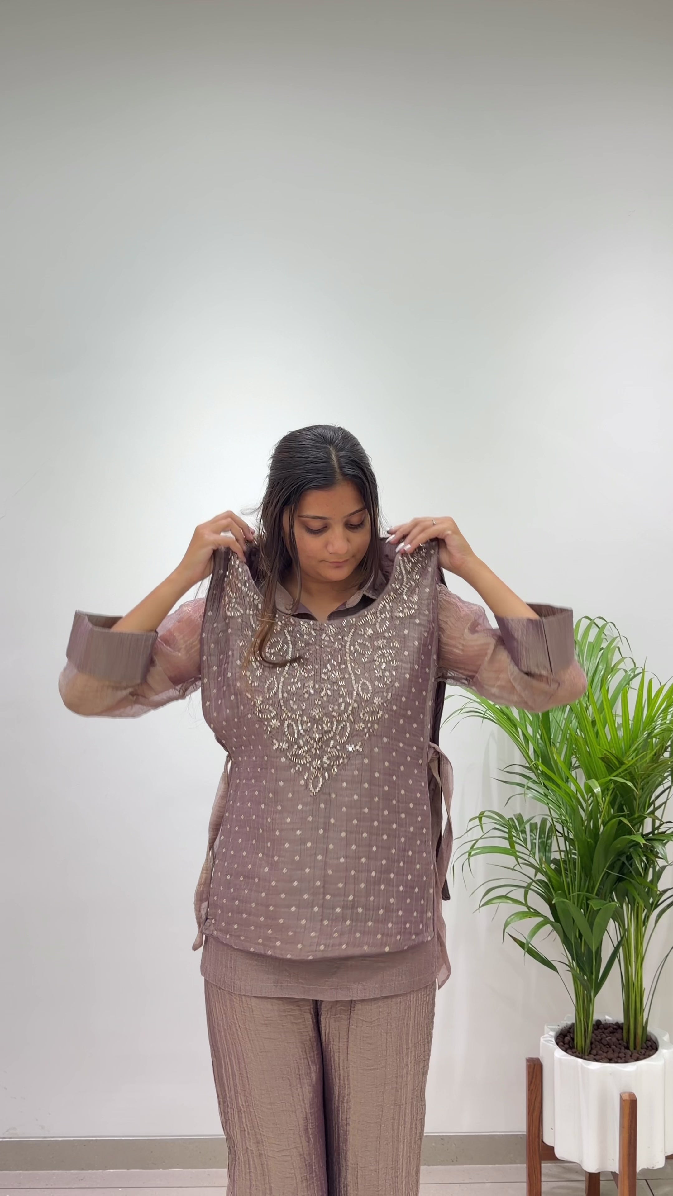 Designer Salsa Silk Shirt Pant Set with Hand Embroidered Shrug for Women